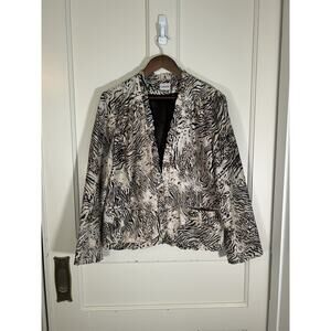 Chico's Silk Animal Print Ruffle Blazer Jacket Womens Size Large Brown ivory